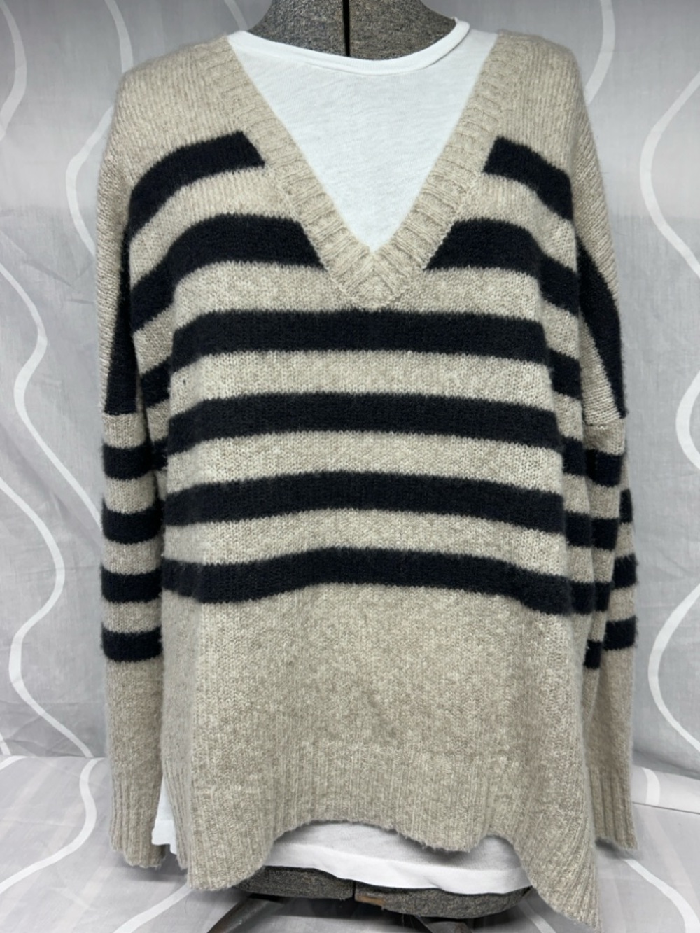 Deep V-Neck Striped Sweater in Oatmeal and Black